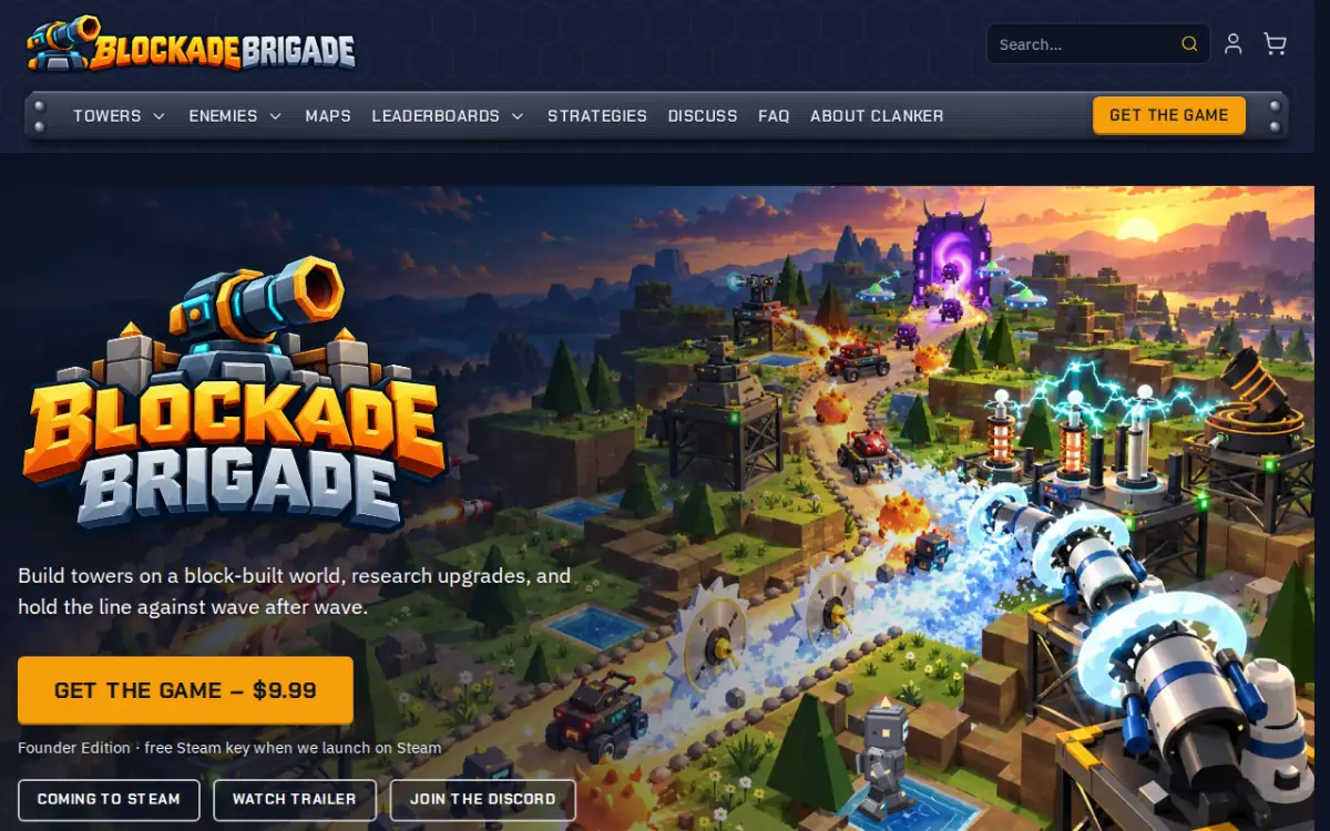 Blockade Brigade homepage: a 3D tower defense game for Windows PC