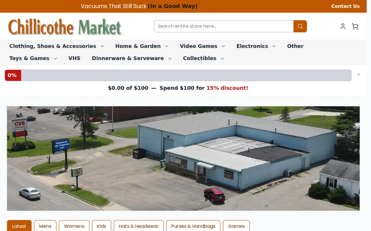 Chillicothe Market homepage with the store building and product categories