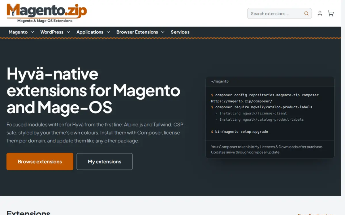 Magento.zip homepage: Hyvä-native extensions for Magento and Mage-OS