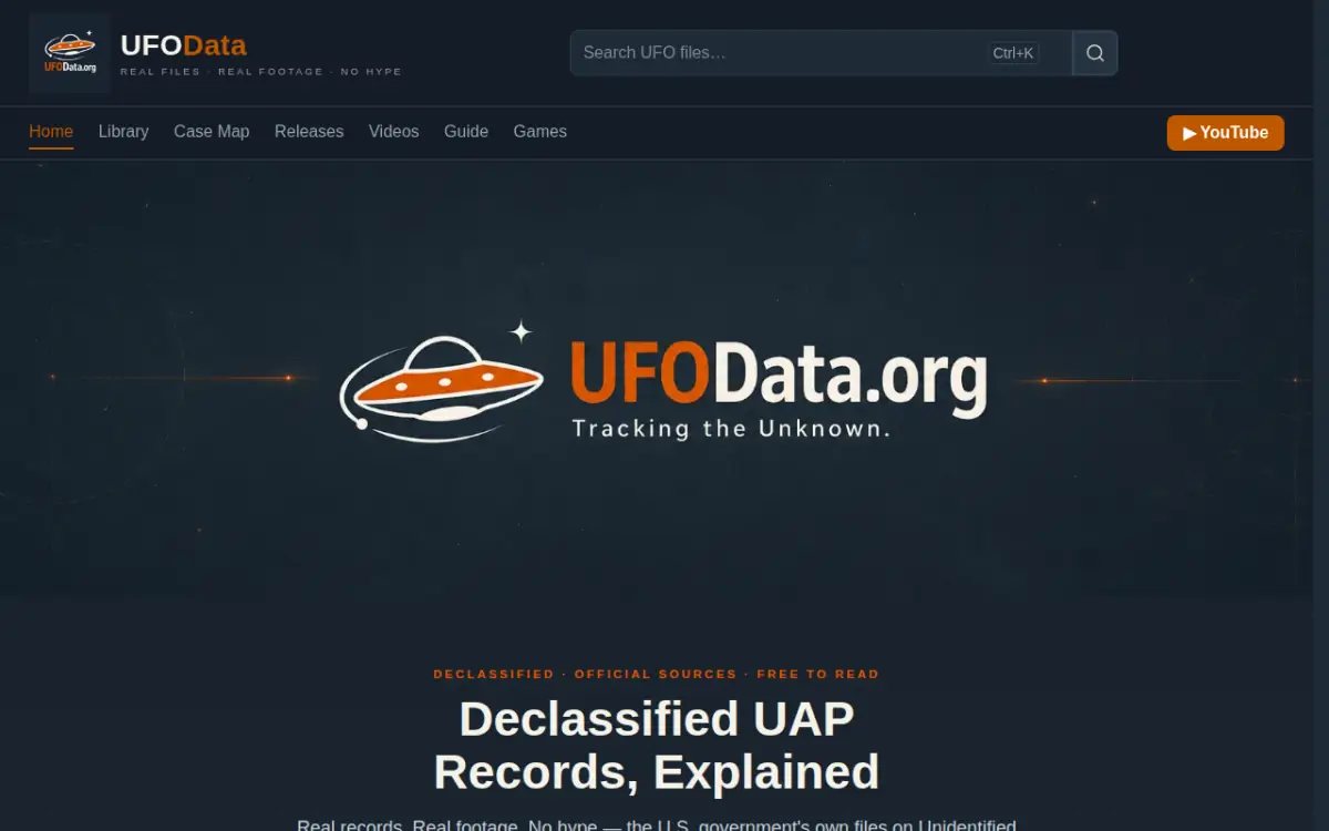 UFOData.org homepage: declassified UAP records, explained